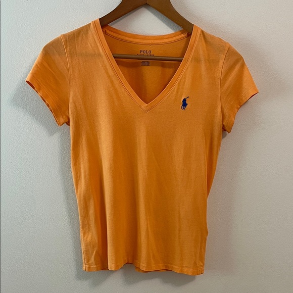Polo by Ralph Lauren Women's Orange V-Neck Tee XS Cotton Logo Popover Casual - Picture 1 of 14